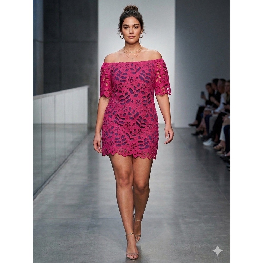 Women's Charm Off‎ Schoulder Lucia Lace Minidress Magenta Pink Guipure Lace Sz M